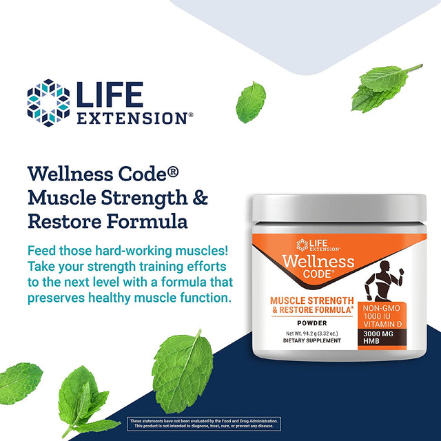 Life Extension Wellness Code Muscle Strength & Restore Formula Sustains Muscle Health & Growth – Gluten-Free, Non-Gmo – Net Wt. 94.2 G (3.32 Oz) 30 Servings