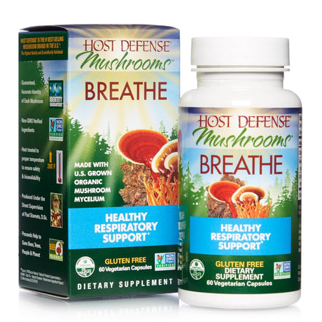 Host Defense, Breathe Capsules, Respiratory Support, Mushroom Supplement with Cordyceps, Reishi and Chaga, Unflavored, 60