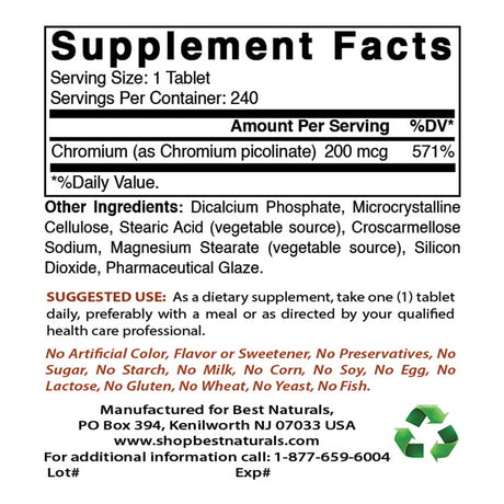 2 Pack Best Naturals Chromium Picolinate 200 Mcg 240 Tablets