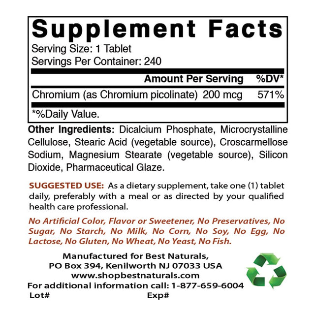 2 Pack Best Naturals Chromium Picolinate 200 Mcg 240 Tablets