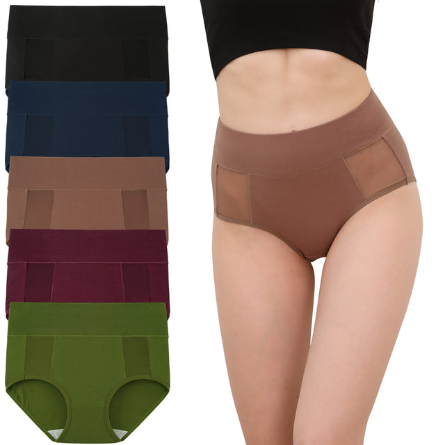 INNERSY Underwear for Women High Waisted Cotton Mesh Panties Briefs 5 Pack (L, Dark Collection)