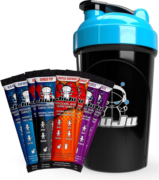 JUJU Gaming Energy Powder Packets + 18Oz Shaker, 8 Single-Serve Variety Packets in Blue Raspberry, Bomber Pop, Tropical Juggernaut & Grapesicle