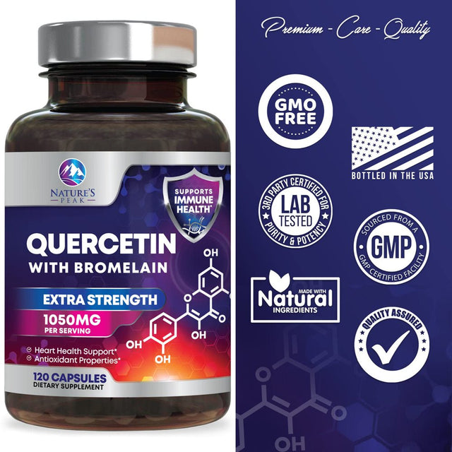 Quercetin - 1050Mg Supplement with Bromelain, Zinc & Bioflavonoids, Immune Health Support, Extra Strength Quercetin & Bromelain 1000Mg - Non-Gmo, Vegan & Gluten Free - 60 Servings, 120 Veggie Capsules