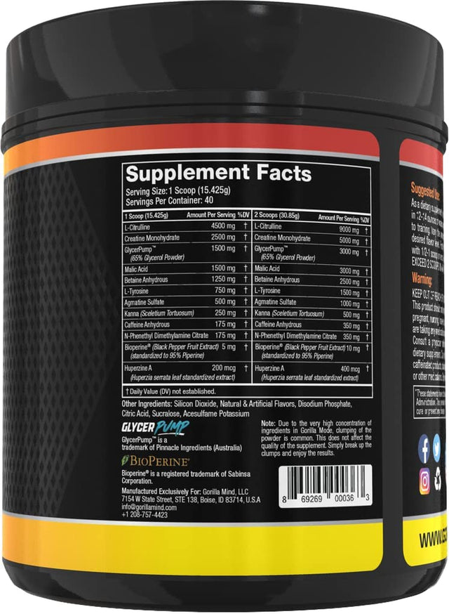 Gorilla Mode Pre Workout - Massive Pumps · Laser Focus · Energy · Power - L-Citrulline, Creatine, Glycerpump™, L-Tyrosine, Agmatine, Kanna, N-Phenethyl Dimethylamine Citrate - 574 Grams (Bombsicle)