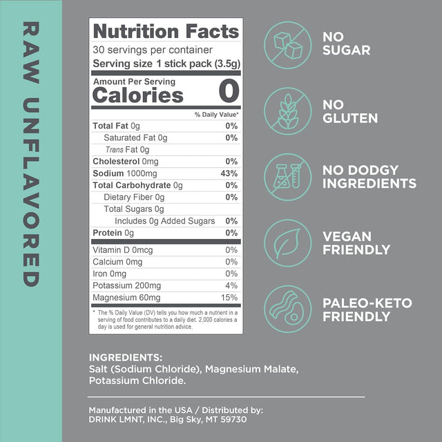 LMNT Zero-Sugar Electrolytes - Raw Unflavored Salt - Hydration Powder Packets | No Artificial Ingredients | Keto & Paleo Friendly | 30 Sticks
