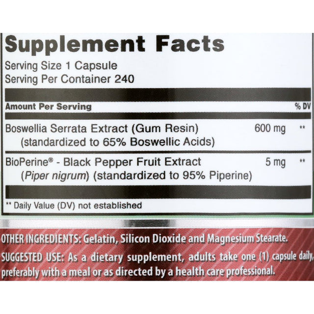 Amazing Formulas Boswellia Extract with Bioperine- 600Mg (Standardized to 65% Boswellic Acids), Capsules - Contains 65% Boswellic Acids, Supports Muscle, Joint & Connective Tissue Health (240 Count)