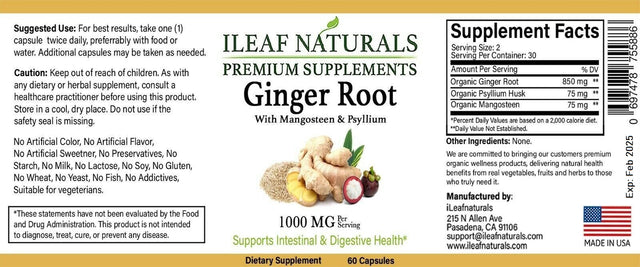 Ileaf Naturals Ginger Root with Mangosteen & Psyllium Husk - 60 Veggie Capsules