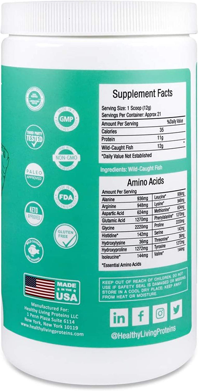 Healthy Living Proteins | Marine Collagen Peptides Type I & II | 24G Fish Protein, Naturally Sourced Wild Fish, Non-Gmo | Keto & Paleo, Gluten Free, Kosher | Unflavored Powder (8 Oz)