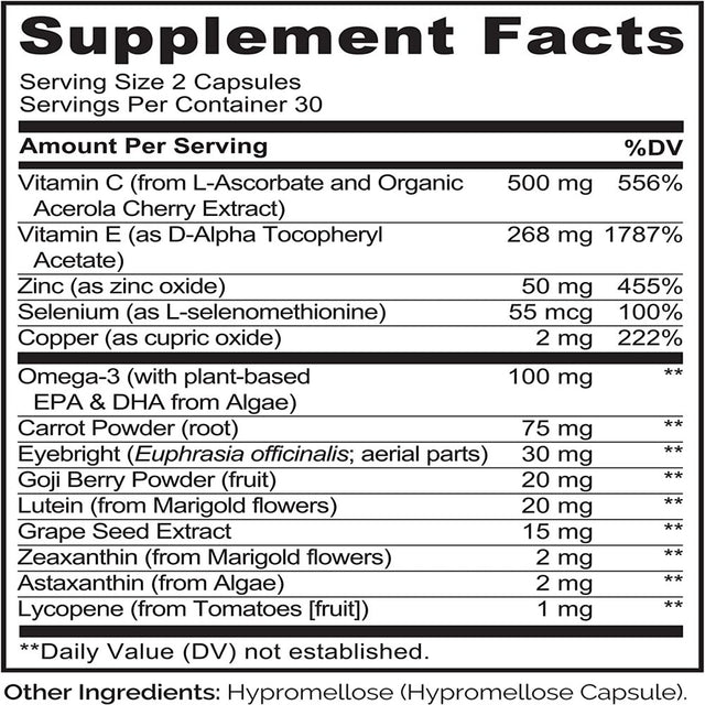 NATURELO Eye Vitamins - AREDS 2 Formula Nutrients with Lutein, Zeaxanthin, Vitamin C, E, Zinc, Pl DHA - Supplement for Dry Eyes, Healthy Vision, Eye Support - 60 Vegan Capsules