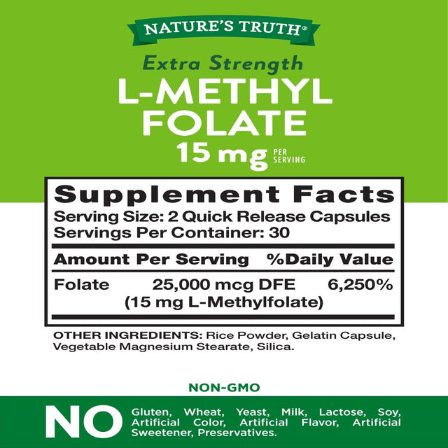 L Methylfolate 15Mg | 60 Capsules | Extra Strength | by Natures Truth