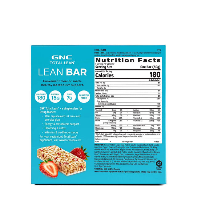 GNC Total Lean Bar | Hunger-Satisfying, High-Protein Meal Bar, Supports a Healthy Metabolism | Strawberry | 5 Bars per Box