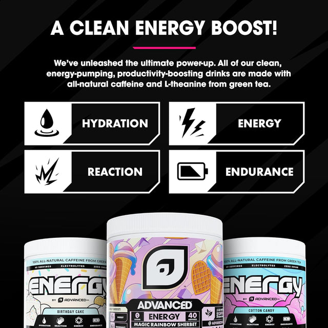 Advanced Energy - Energy Boosting Formula with Electrolytes for Hydration - L-Theanine to Combat Jitters - Sugar Free & Keto Friendly - No Maltodextrin (40 Servings) (Magic Rainbow Sherbet)