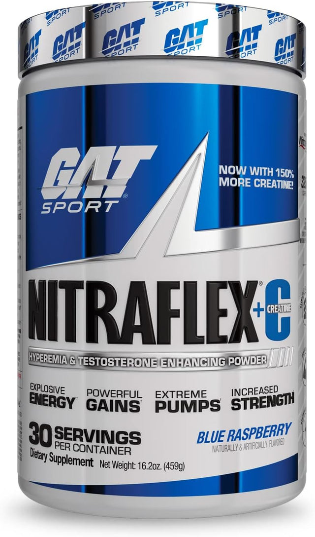 GAT SPORT Nitraflex + C Creatine Pre Workout Supplement for Strength and Endurance, Blue Raspberry, 30 Servings