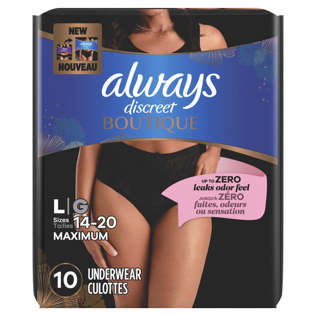 Always Discreet Boutique Incontinence Underwear, Maximum Protection, L, Black, 10 Ct