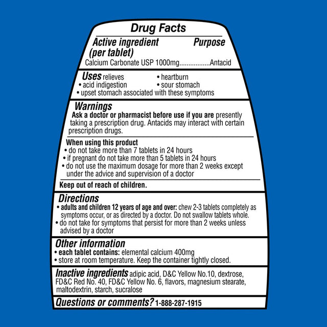 Equate Ultra Strength Antacid Tropical Fruit Chewable Tablets, 1000 Mg, 160 Count