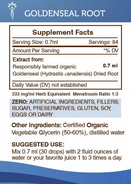 Goldenseal Root Tincture Alcohol-Free Extract, Responsibly Farmed Organic Goldenseal Hydrastis Canadensis Healthy Digestion 2 Oz
