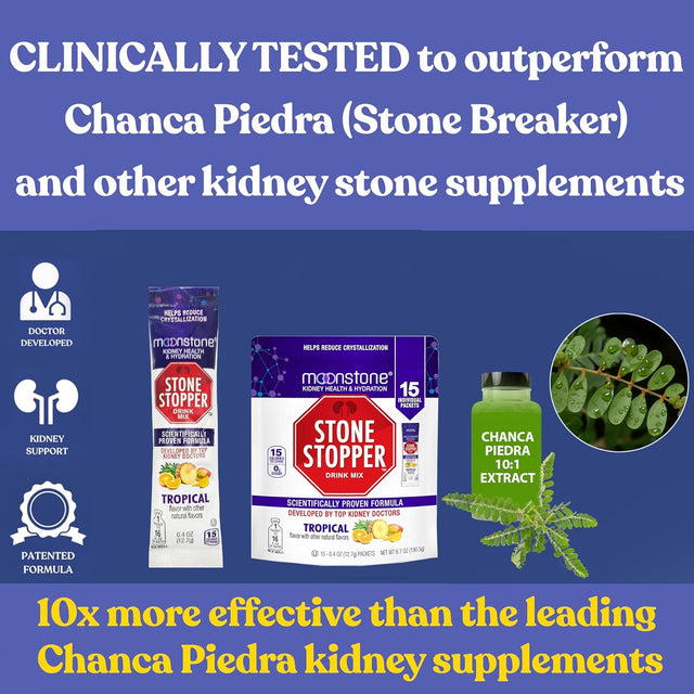 Kidney Stone Stopper Drink Mix Tropical Flavor, Outperforms Chanca Piedra & Kidney Support Supplements, Developed by Urologists to Prevent Kidney Stones and Improve Hydration, 15 Day Supply