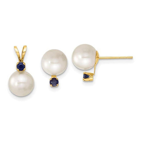 Finest Gold 14K 7-8 Mm White FW Cultured Pearl & Sapphire Stud Earring & Pendant