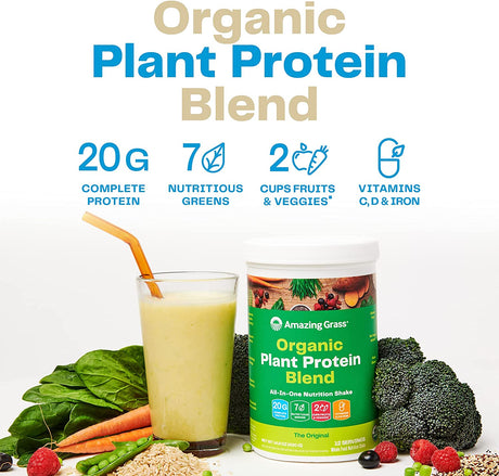 Amazing Grass Organic Plant Protein Blend: Vegan Protein Powder, New Protein Superfood Formula, All-In-One Nutrition Shake with Beet Root, Pure Vanilla, 20 Servings
