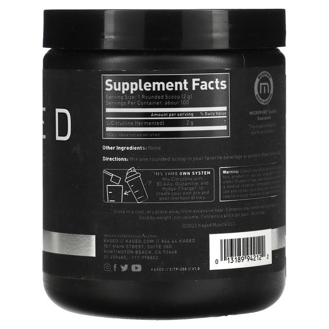 Kaged L-Citrulline Powder to Enhance Muscle Pumps, Improve Muscle Vascularity, Nitric Oxide Booster, L-Citrulline 2000Mg, Unflavored, 100 Servings