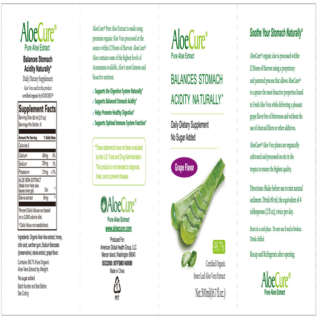 Aloecure USDA Organic Aloe Vera Juice Grape Flavor, Made within 12 Hours of Harvest - Pure Aloe Vera Drink Natural Treatment for Acid Reflux, GERD, Natural Acid Buffer, Aloe Vera Inner Fillet Juice