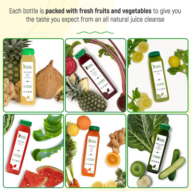 3 Day Juice Cleanse by Raw Fountain, Tropical Flavors, All Natural Raw, Cold Pressed Fruit and Vegetable Juices, Detox Cleanse, 18 Bottles 12Oz, 3 Bonus Ginger Shots
