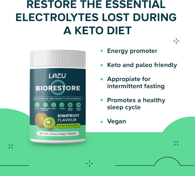 Lazu Biorestore Keto Electrolytes Powder (21 Servings) - Sugar Free Electrolyte Powder, Keto, Low-Carb, or Intermittent Fasting - Hydration Powder (186G) Kiwi Fruit Flavor