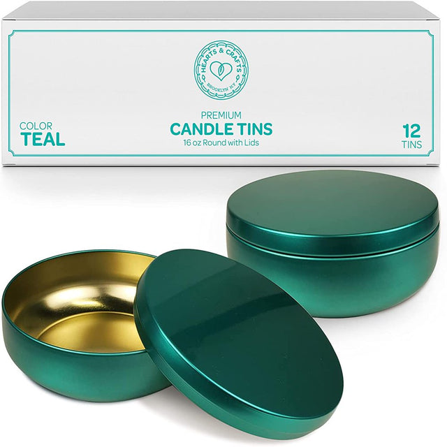Hearts & Crafts Candle Tin Jars - 16Oz Teal Metal Tin Cans with Lids, 12-Pack - for Small Tins for Candle Making, Arts & Crafts, Storage, Gifts, and More