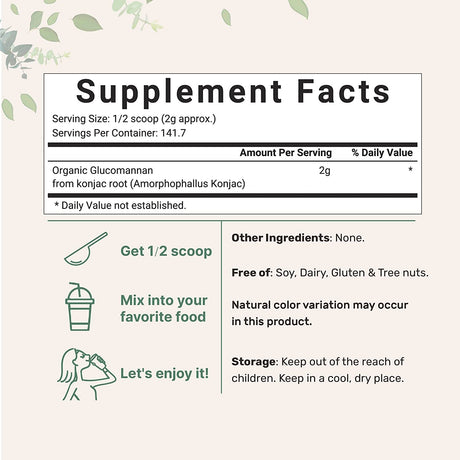 Organic Glucomannan Konjac Root Powder (Konjac Gel Powder), 10 Ounce, Soluble Fiber & Prebiotics, Great Cornstarch Substitute for Thickener, Supports Regularity & Healthy Weight Management, Keto Diet