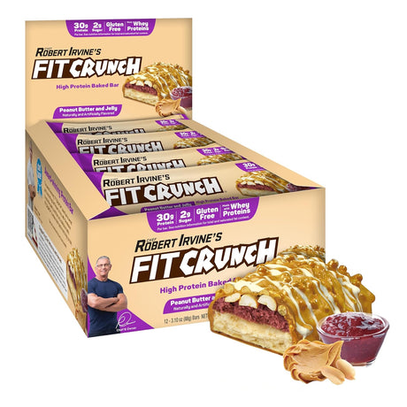 FITCRUNCH Full Size Protein Bars, Designed by Robert Irvine, 6-Layer Baked Bar, 2G of Sugar, Gluten Free & Soft Cake Core (12 Bars, Peanut Butter and Jelly)