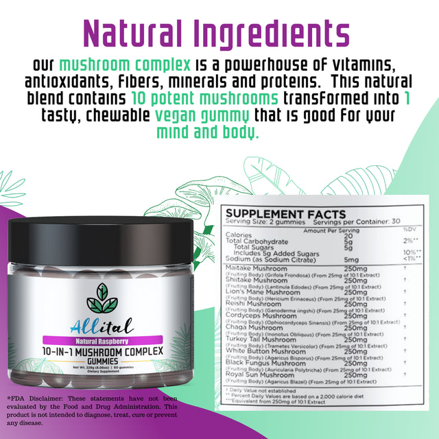 Allital 10-IN-1 Mushroom Complex | Mushroom Supplement 2500Mg | 60 Vegan Mushroom Gummies | Lions Mane, Cordyceps, Chaga, Shiitake, Reishi, Maitake, Turkey Tail, Royal Sun, White Button and Cloud Ear