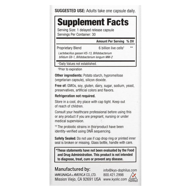 Kyolic Kyo-Dophilus, Fifty+ Probiotic, 6 Billion CFU, 30 Vegetarian Capsules
