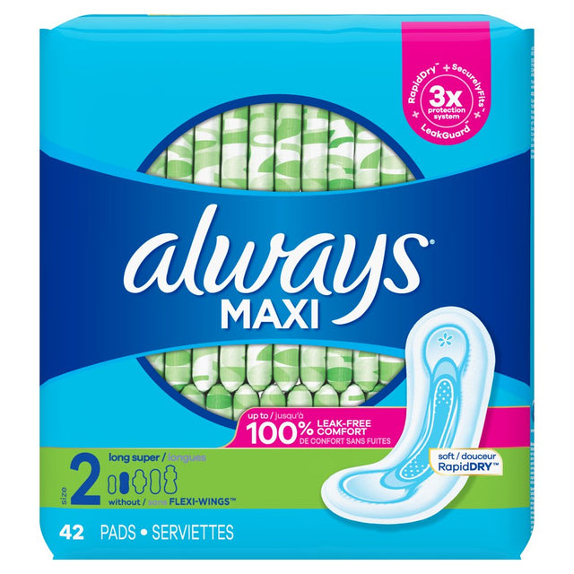 Always Maxi Daytime Pads without Wings, Size 2, Long, Unscented, 42 Ct