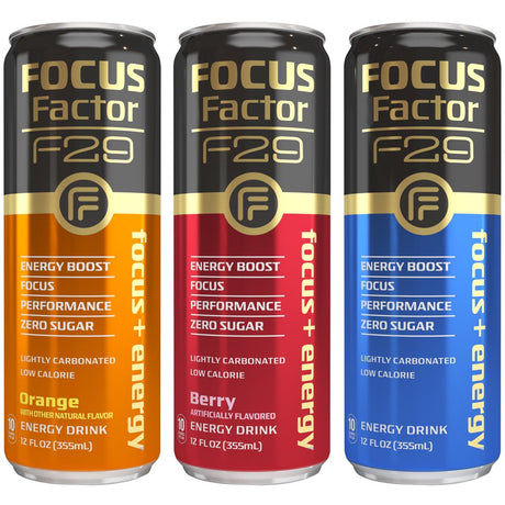 Focus Factor F29 Nootropic Focus + Energy Drink (Multipack - Blue, Orange, Berry) – Pack of 15 – Lightly Carbonated, Sugar Free Nootropic Beverage with Vitamin B6 & Vitamin B12