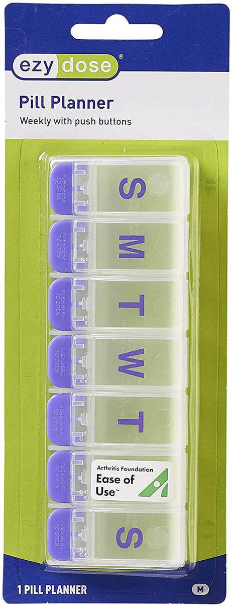 Ezy Dose Push Button (7-Day) Pill, Medicine, Vitamin Organizer Box, Weekly, Daily Planner, Arthritis Friendly, Medium, Assorted Colors