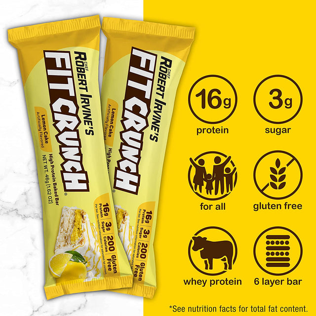 FITCRUNCH Snack Size Protein Bars, Designed by Robert Irvine, 6-Layer Baked Bar, 3G of Sugar & Soft Cake Core (9 Bars, Lemon Cake)