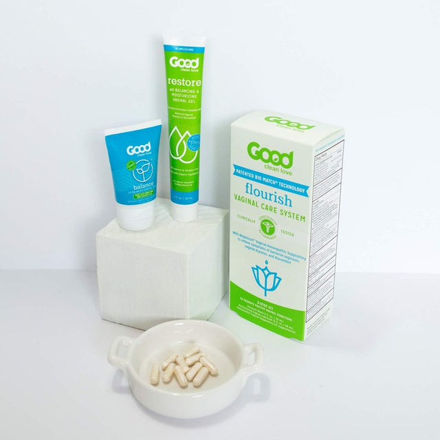 Good Clean Love: Flourish Vaginal Care System®, 30-Day Regimen, Relieves Itching & Irritation, Includes Personal Wash (1 Oz), Moisturizing Vaginal Gel (2 Oz) & Suppositories (10 Capsules)