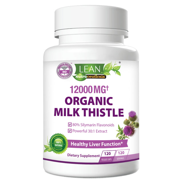 Lean Nutraceuticals Md Certified Organic Milk Thistle - 12,000Mg Strength / 30X Concentrated Extract Milk Thistle with Silymarin / Supports Liver Cleanse and Detox (120 Capsules)