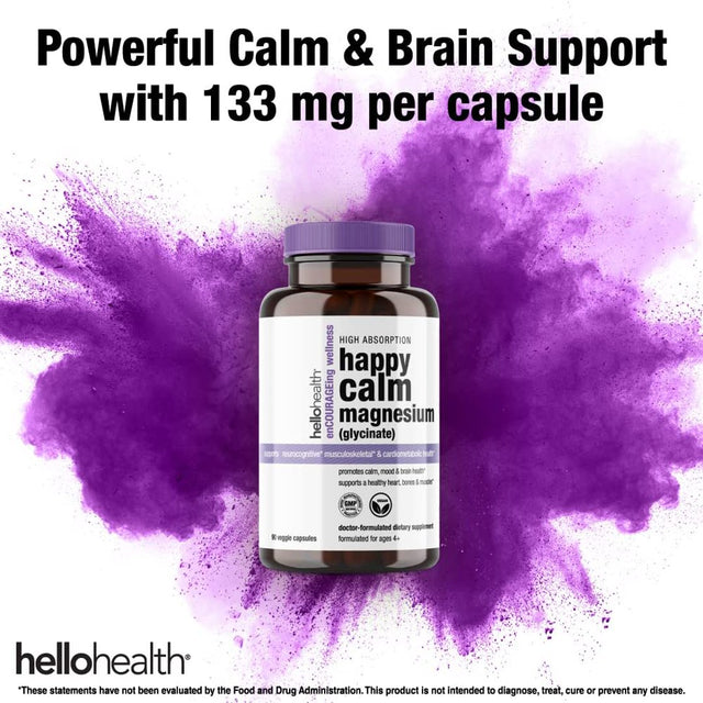 Hello Health Magnesium Glycinate 400Mg – Pure Magnesium Bisglycinate- Natural Calm, Sleep Support, Stress Relief, Heart, Muscle Recovery & Joint Support - 90 Caps