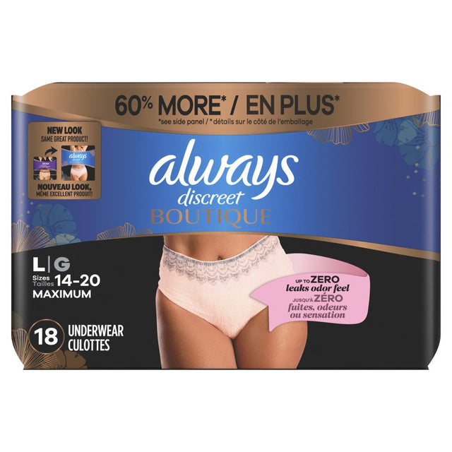 Always Discreet Boutique Incontinence Underwear, Maximum Protection, Size L, Rosy, 18 Ct