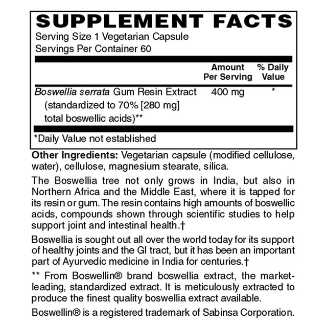 Holly Hill Health Foods Boswellia Extract 400Mg, 60 Vegetarian Capsules