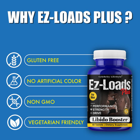 Ez-Loads plus Male Testosterone Booster Supplements, Performance Booster Pills 60Ct