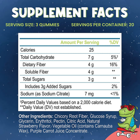 Kids Fiber Gummies, Daily Chicory Root Fiber Supplement, Plant Based, Non-Gmo, for Digestive and Intestinal Gut Health, Low Sugar Prebiotic Fiber Gummy for Children, Strawberry Flavored, 60 Gummies