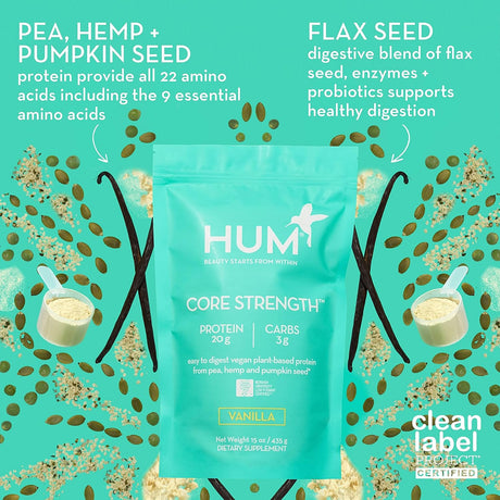 HUM Core Strength Vanilla Protein Powder - Digestion Friendly Vegan Plant Protein for Shakes (15 Servings)
