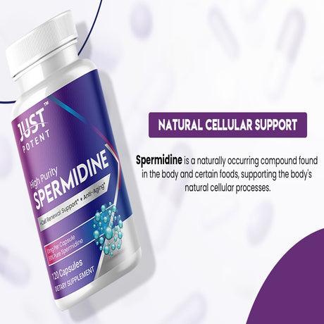 Just Potent High Purity (99%) Spermidine Supplement | 120 Capsules, 10Mg per Capsule, 4 Months of Supply | Cell Renewal Support and Anti-Aging
