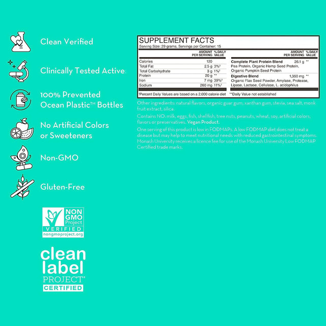 HUM Core Strength Vanilla Protein Powder - Digestion Friendly Vegan Plant Protein for Shakes (15 Servings)