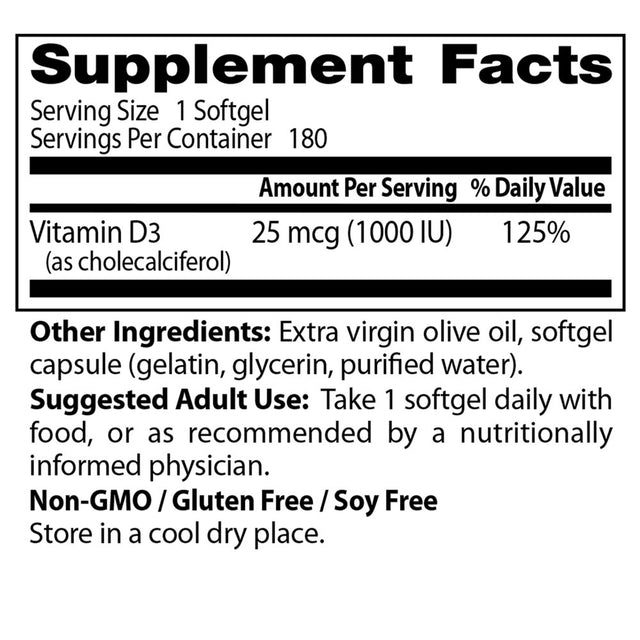 Doctor'S Best Vitamin D3 1000IU, Non-Gmo, Gluten Free, Soy Free, Regulates Immune Function, Supports Healthy Bones, 180 Softgels