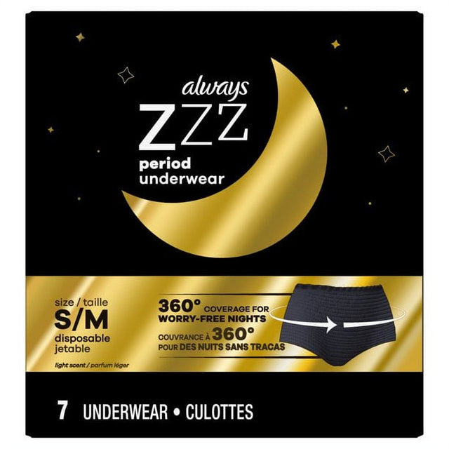 Always Zzzs Overnight Disposable Period Underwear for Women, Size L, Black Period Panties, Leakproof, 7 Count, Pack of 2 (14 Count Total)