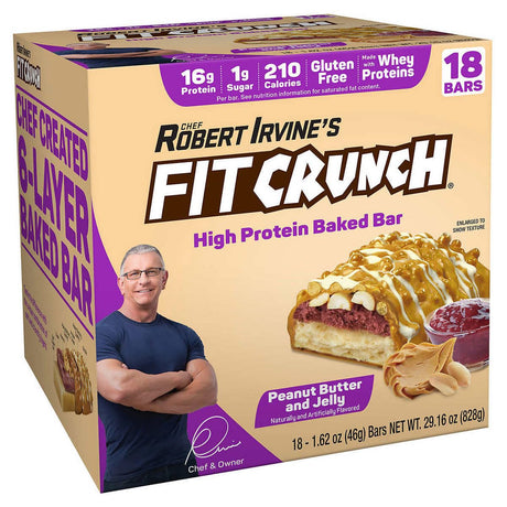 FITCRUNCH Snack Size Protein Bars, Designed by Robert Irvine, 6-Layer Baked Bar, 1G of Sugar, Gluten Free & Soft Cake Core (18 Bars, Peanut Butter and Jelly)