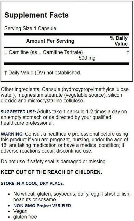 Jarrow Formulas L-Carnitine, 500 Mg, 50 Veggie Capsules